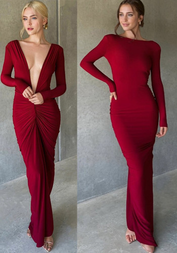 Women's Long-Sleeved Sexy Deep V-Neck Pleated Slim Long Dress