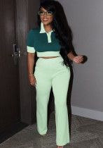 Women's Summer Patchwork Contrast Color Turndown Collar Short Sleeve Top Wide Leg Pants Fashion Two Piece Set Women's Summer Patchwork Contrast Color Turndown Collar Short Sleeve Top Wide Leg Pants Fashion Two Piece Set