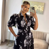 Chic Printed Puff Sleeve Ruffle Casual Women's Long Dress