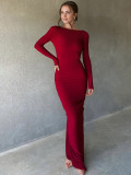 Women's Long-Sleeved Sexy Deep V-Neck Pleated Slim Long Dress