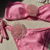 Solid Color Flower Strapless Two Pieces Bikini Swimsuit