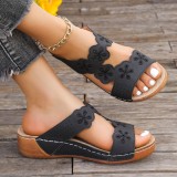 Plus Size Flower Slippers Women's Slip-On Stitched Flat Thick Sole Open Toe Hollow Sandals