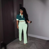 Women's Summer Patchwork Contrast Color Turndown Collar Short Sleeve Top Wide Leg Pants Fashion Two Piece Set