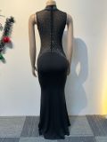 Women Sexy Beaded See-Through Patchwork Sleeveless Bodycon Dress