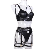 Punk Style Black Pu Leather Metal 3-Piece Sexy Lingerie Set
