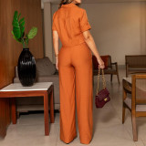 Shirt Turndown Collar Trendy Short Sleeve Shirt Top Straight Wide-Leg Trousers Career Two-Piece Set