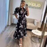 Chic Printed Puff Sleeve Ruffle Casual Women's Long Dress