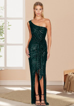 Women's One-Shoulder Lace-Up Sequined Evening Dress Women's One-Shoulder Lace-Up Sequined Evening Dress