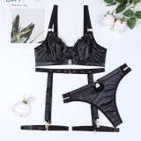 Punk Style Black Pu Leather Metal 3-Piece Sexy Lingerie Set