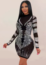 Sexy And Trendy Beaded Long-Sleeved See-Through Slim-Fitting Nightclub Dress Sexy And Trendy Beaded Long-Sleeved See-Through Slim-Fitting Nightclub Dress