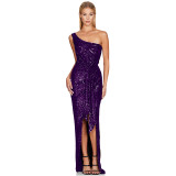 Women's One-Shoulder Lace-Up Sequined Evening Dress