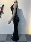 Women Sexy Beaded See-Through Patchwork Sleeveless Bodycon Dress