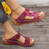 Plus Size Flower Slippers Women's Slip-On Stitched Flat Thick Sole Open Toe Hollow Sandals
