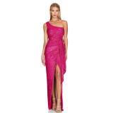 Women's One-Shoulder Lace-Up Sequined Evening Dress
