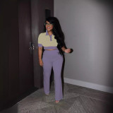 Women's Summer Patchwork Contrast Color Turndown Collar Short Sleeve Top Wide Leg Pants Fashion Two Piece Set