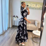 Chic Printed Puff Sleeve Ruffle Casual Women's Long Dress