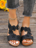 Plus Size Flower Slippers Women's Slip-On Stitched Flat Thick Sole Open Toe Hollow Sandals
