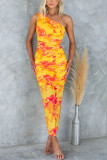 Women Casual Holidays Printed Stretch Slash Shoulder Printed Dress