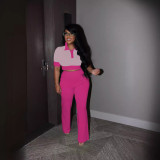 Women's Summer Patchwork Contrast Color Turndown Collar Short Sleeve Top Wide Leg Pants Fashion Two Piece Set