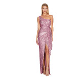 Women's One-Shoulder Lace-Up Sequined Evening Dress