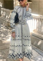 Women Elegant Long Sleeve Belt Button Printed Dress Women Elegant Long Sleeve Belt Button Printed Dress