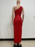 Women's One-Shoulder Lace-Up Sequined Evening Dress