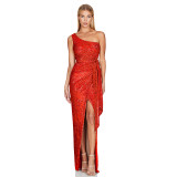 Women's One-Shoulder Lace-Up Sequined Evening Dress