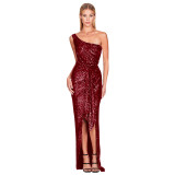 Women's One-Shoulder Lace-Up Sequined Evening Dress