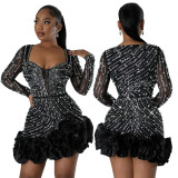 Women Beaded Long Sleeve Square Neck Dress