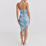 Women Halter Neck Backless Printed Dress