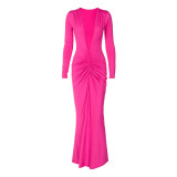 Women's Long-Sleeved Sexy Deep V-Neck Pleated Slim Long Dress