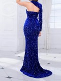 Women One Shoulder Sleeve Bodycon Slit Sequin Formal Party Evening Dress