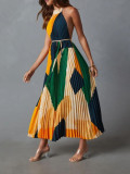 Women Backless Lace-Up Printed Accordion Dress