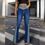 Women Patchwork Contrast Color Bell Bottom Denim Pant