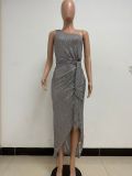 Women's One-Shoulder Lace-Up Sequined Evening Dress