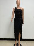 Women's One-Shoulder Lace-Up Sequined Evening Dress