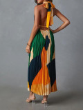 Women Backless Lace-Up Printed Accordion Dress