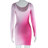 Sexy Round Neck Gradient Print Long Sleeve Slim Bodycon Women Dress