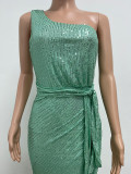 Women's One-Shoulder Lace-Up Sequined Evening Dress