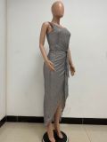 Women's One-Shoulder Lace-Up Sequined Evening Dress