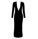 Women's Long-Sleeved Sexy Deep V-Neck Pleated Slim Long Dress