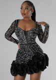 Women Beaded Long Sleeve Square Neck Dress