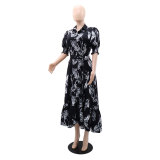 Chic Printed Puff Sleeve Ruffle Casual Women's Long Dress