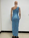 Women's One-Shoulder Lace-Up Sequined Evening Dress