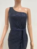 Women's One-Shoulder Lace-Up Sequined Evening Dress