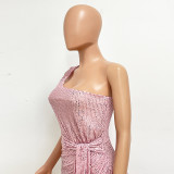 Women's One-Shoulder Lace-Up Sequined Evening Dress