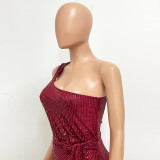 Women's One-Shoulder Lace-Up Sequined Evening Dress