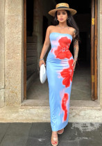 Women Summer Strapless Floral Print Slit Maxi Dress Women Summer Strapless Floral Print Slit Maxi Dress