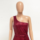 Women's One-Shoulder Lace-Up Sequined Evening Dress