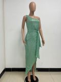 Women's One-Shoulder Lace-Up Sequined Evening Dress
